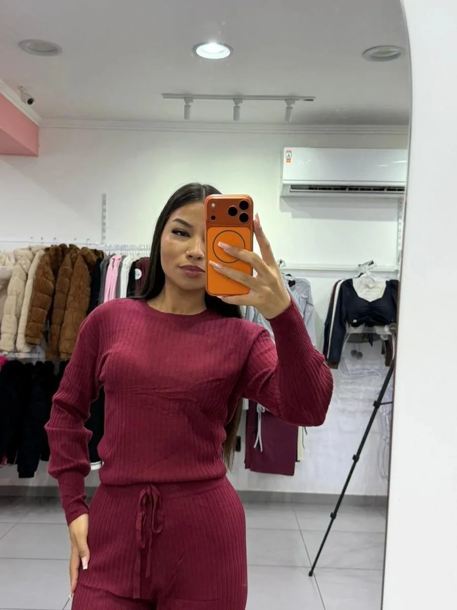 Conjunto Modal Mousse Blusa Manga Longa Com Calça Pantalona Cordinha Regulagem Bordo - foto 3