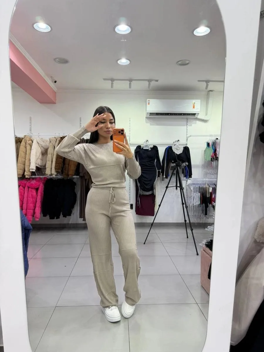 Conjunto Modal Mousse Blusa Manga Longa Com Calça Pantalona Cordinha Regulagem Nude Escuro - foto 1