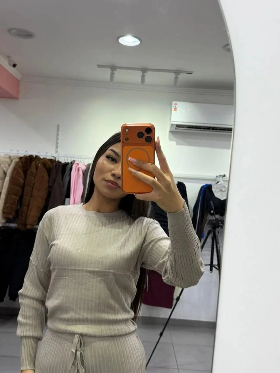 Conjunto Modal Mousse Blusa Manga Longa Com Calça Pantalona Cordinha Regulagem Nude Escuro - foto 3