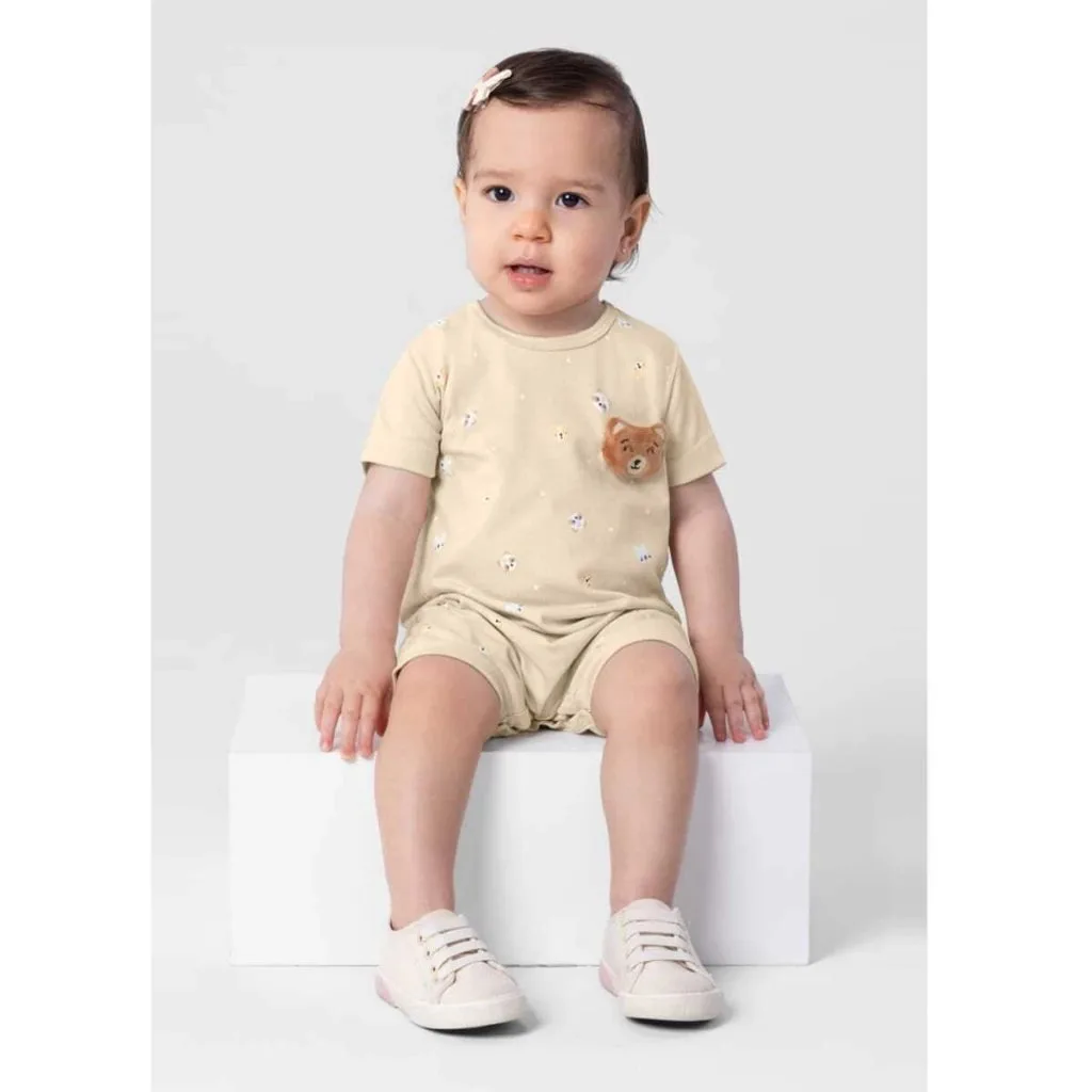 Macacão Curto Bebê Malha Ursinhos Brandili - Bege - foto 2