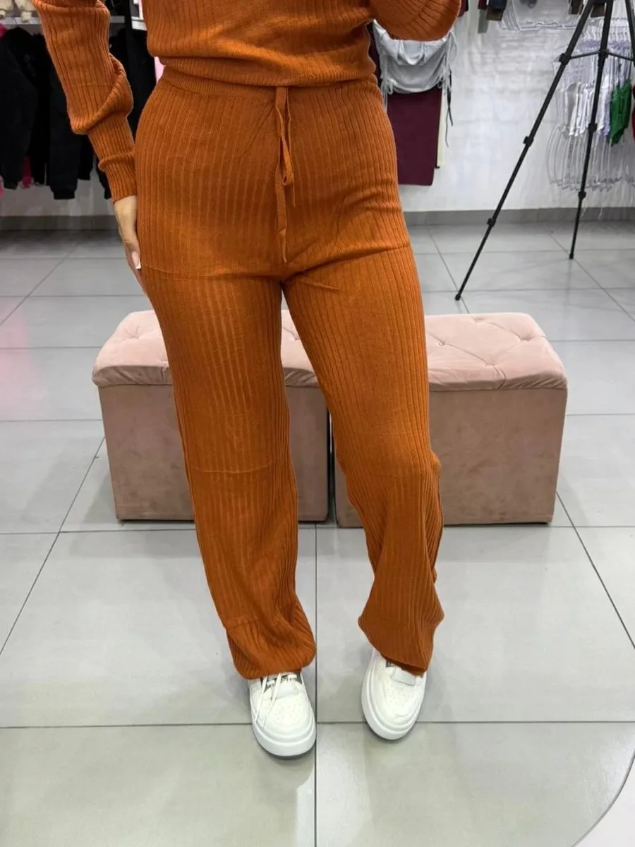 Conjunto Modal Mousse Blusa Manga Longa Com Calça Pantalona Cordinha Regulagem Bege - foto 4