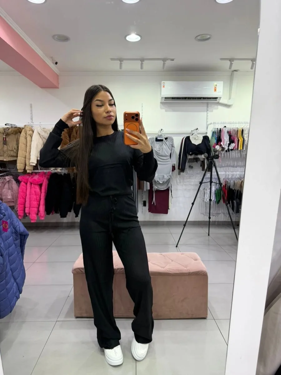 Conjunto Modal Mousse Blusa Manga Longa Com Calça Pantalona Cordinha Regulagem Preto - foto 1