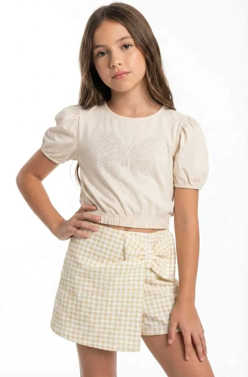Conjunto Mundi Cropped Manga Princesa Estampa Strass e Short Saia Xadrez - foto 1