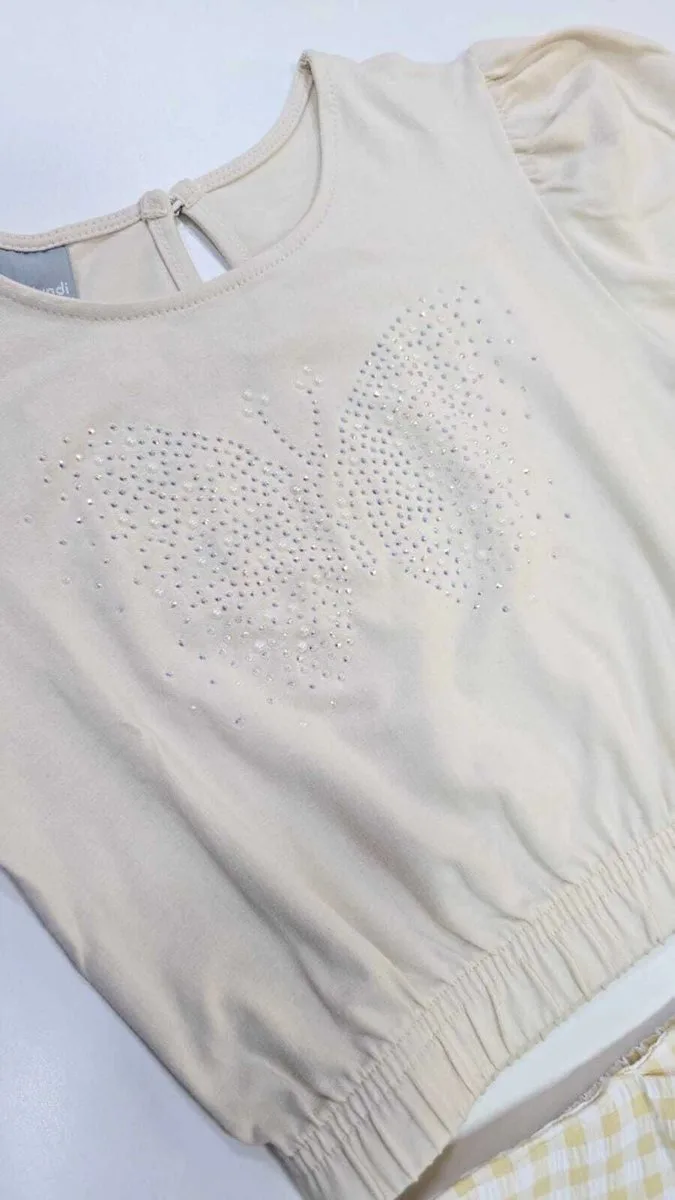 Conjunto Mundi Cropped Manga Princesa Estampa Strass e Short Saia Xadrez - foto 3