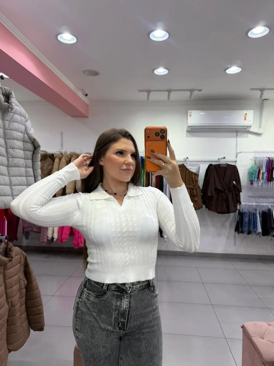 Cropped Modal Mousse Com Manga Longa E Gola Dobrada Branco - foto 1