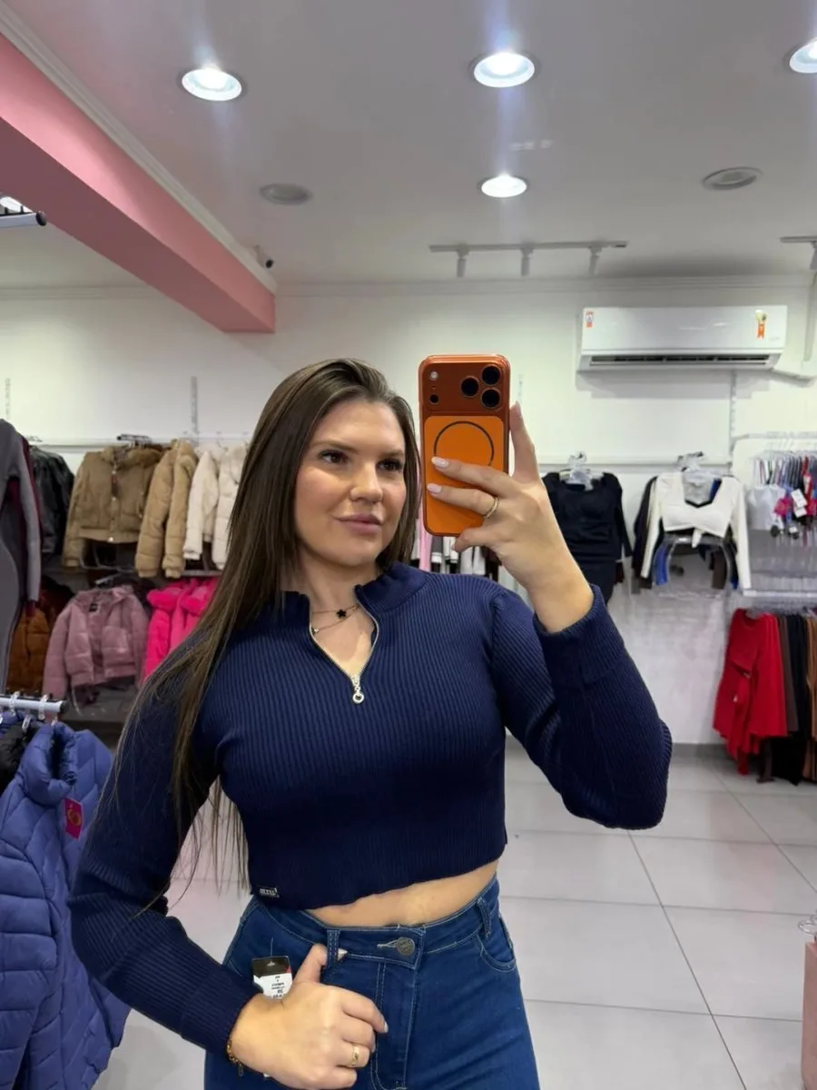 Cropped Luxxo Modal Com Ziper E Punho Dobrado Azul - foto 2
