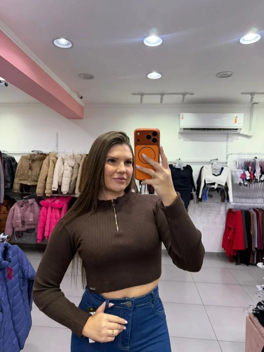 Cropped Luxxo Modal Com Ziper E Punho Dobrado Marrom - foto 1