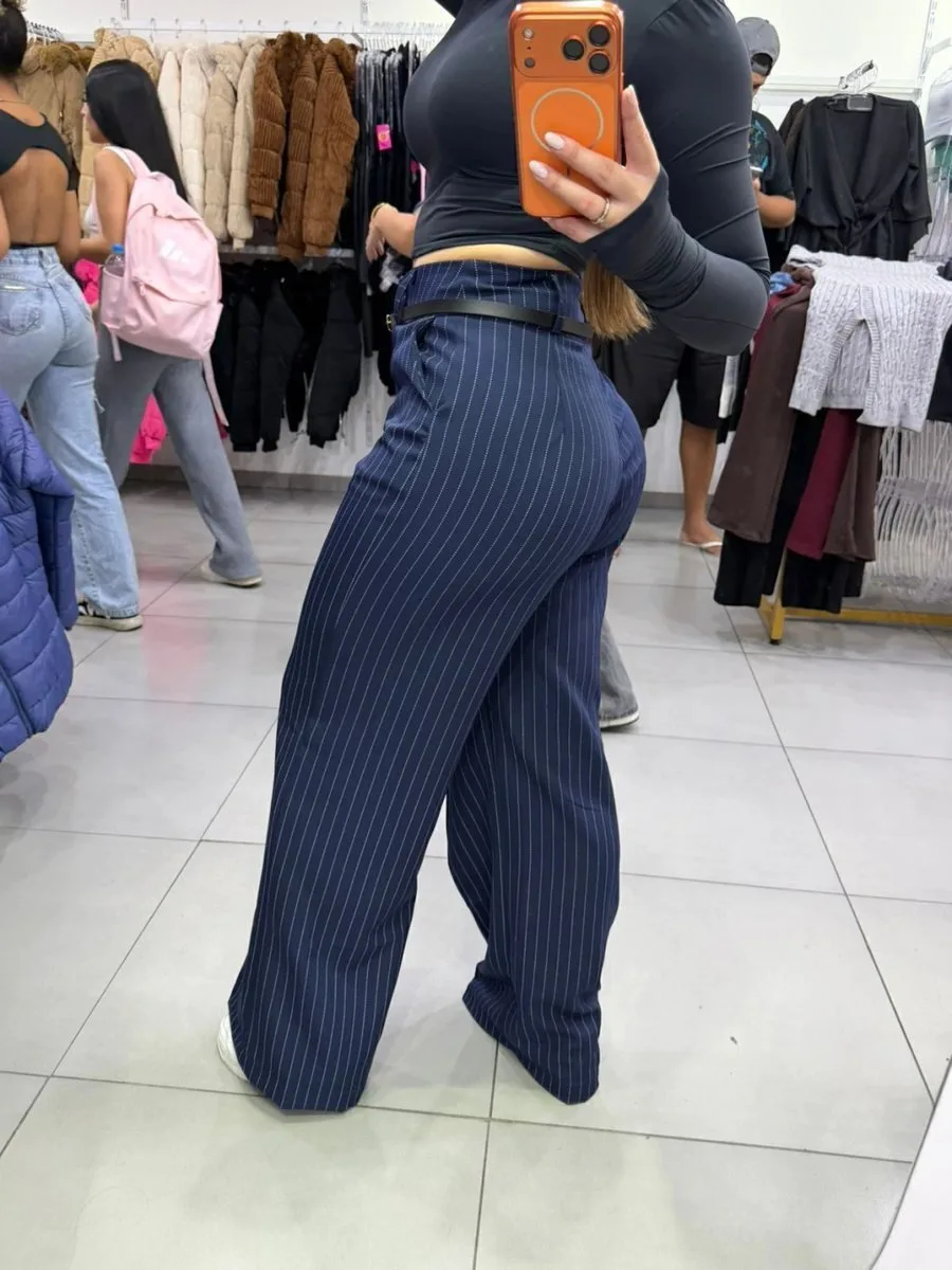 Calça Alfaiataria Com Listras E Cinto Azul - foto 2