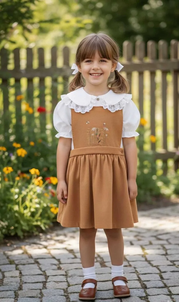 Vestido Jardineira - Salopete Infantil Flor de Lis em Linho - MOM - Marrom - foto 2