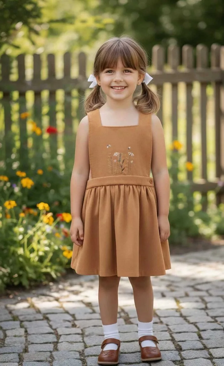 Vestido Jardineira - Salopete Infantil Flor de Lis em Linho - MOM - Marrom - foto 3