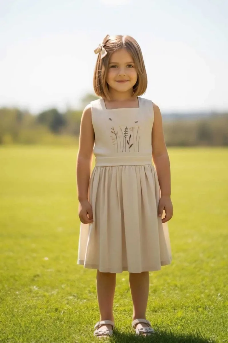 Vestido Jardineira - Salopete Infantil Flor de Lis em Linho - MOM - Bege - foto 5