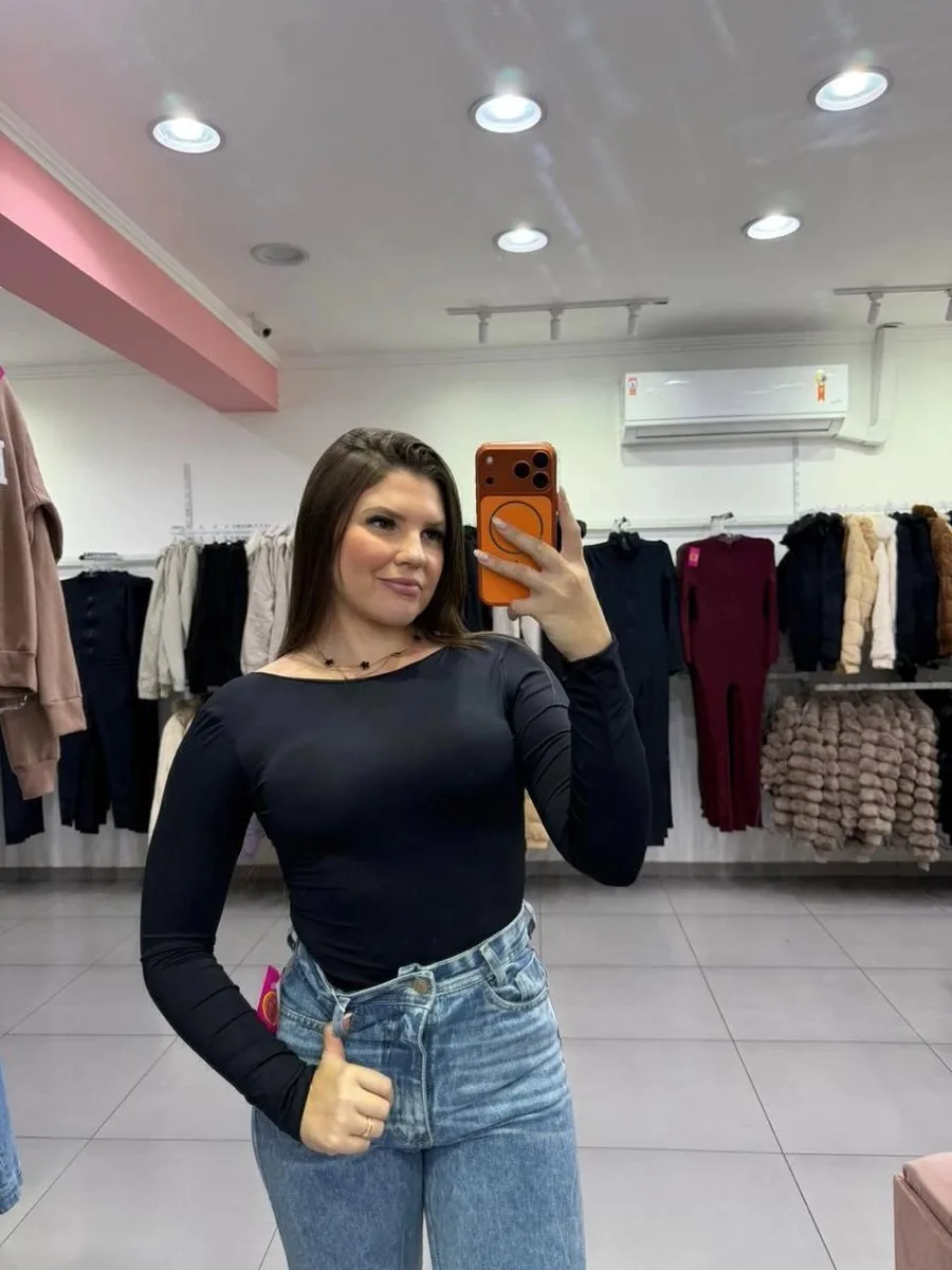 Body Poliamida Costas Nua Com Manga Longa Preto - foto 1