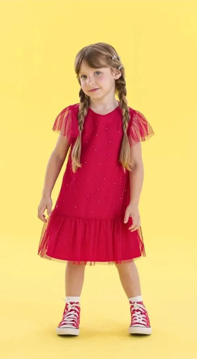 Vestido Málagah com Sobreposição em Tule Vermelho Glitter - foto 3