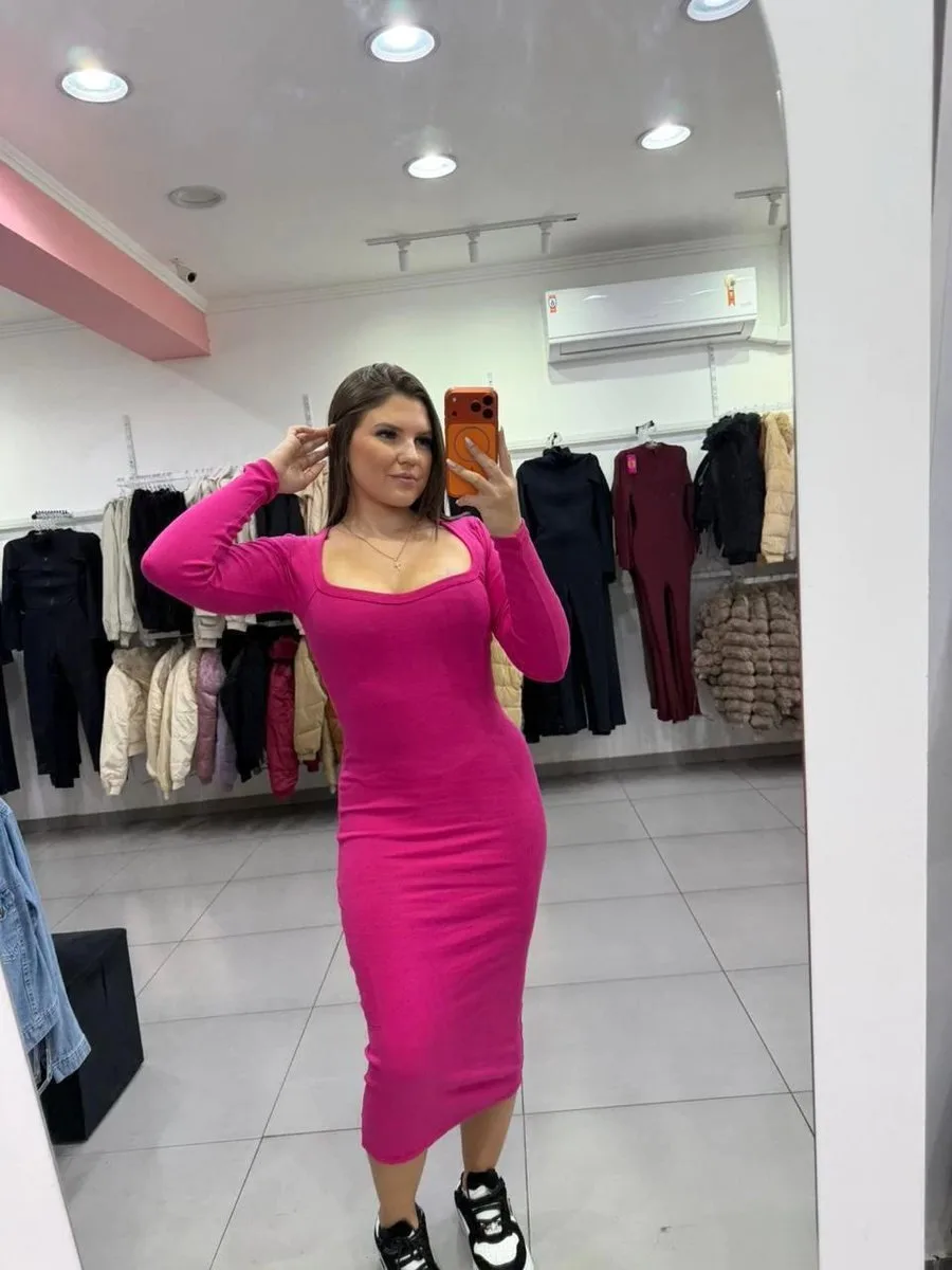 Vestido Ribana Midi Gola Quadrada Com Manga Longa Rosa Pink - foto 1