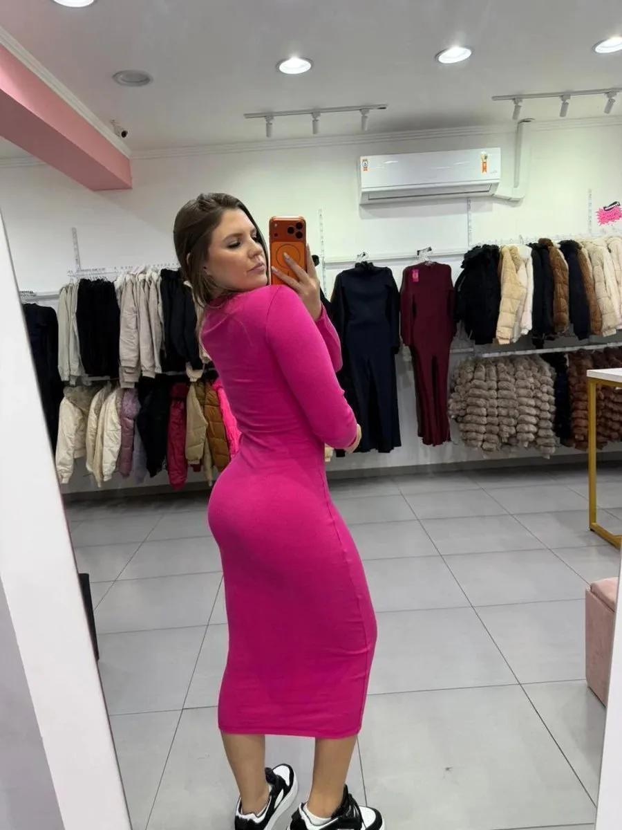 Vestido Ribana Midi Gola Quadrada Com Manga Longa Rosa Pink - foto 2