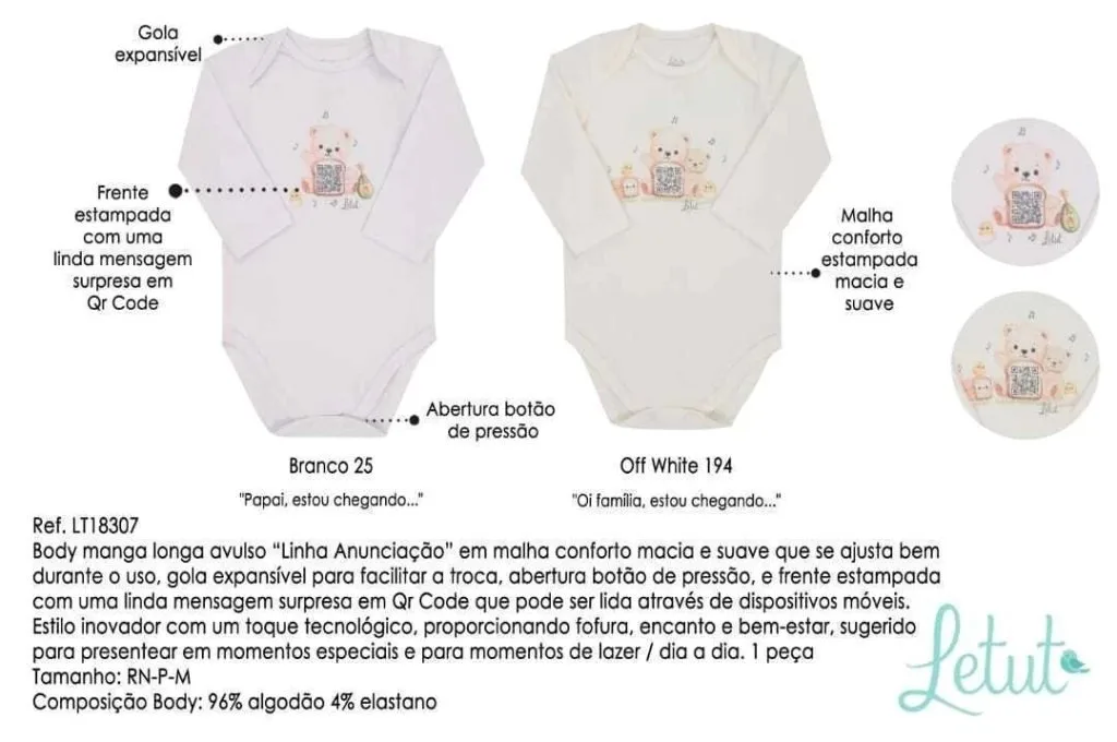 Body Bebê Linha Anunciação Letut - Com QR Code Musical e Mensagem Surpresa Tam RN e P - Branco - foto 2