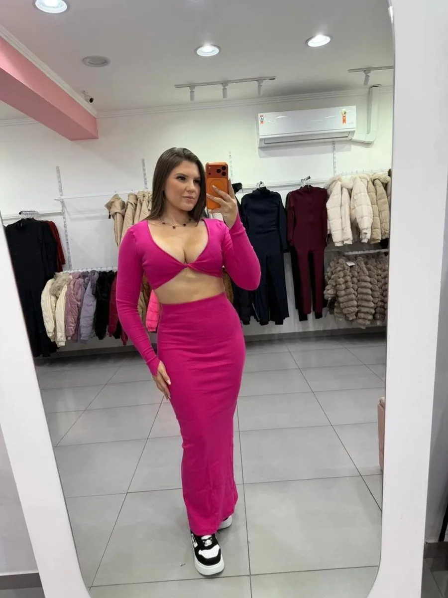 Conjunto Ribana Saia Longa E Fenda Com Cropped Nó Na Frente E Manga Longa Rosa Pink - foto 1