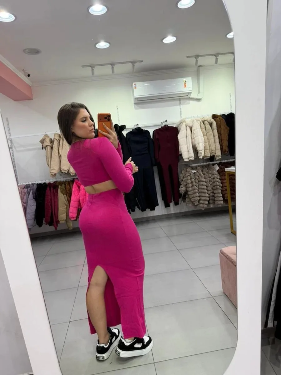 Conjunto Ribana Saia Longa E Fenda Com Cropped Nó Na Frente E Manga Longa Rosa Pink - foto 3