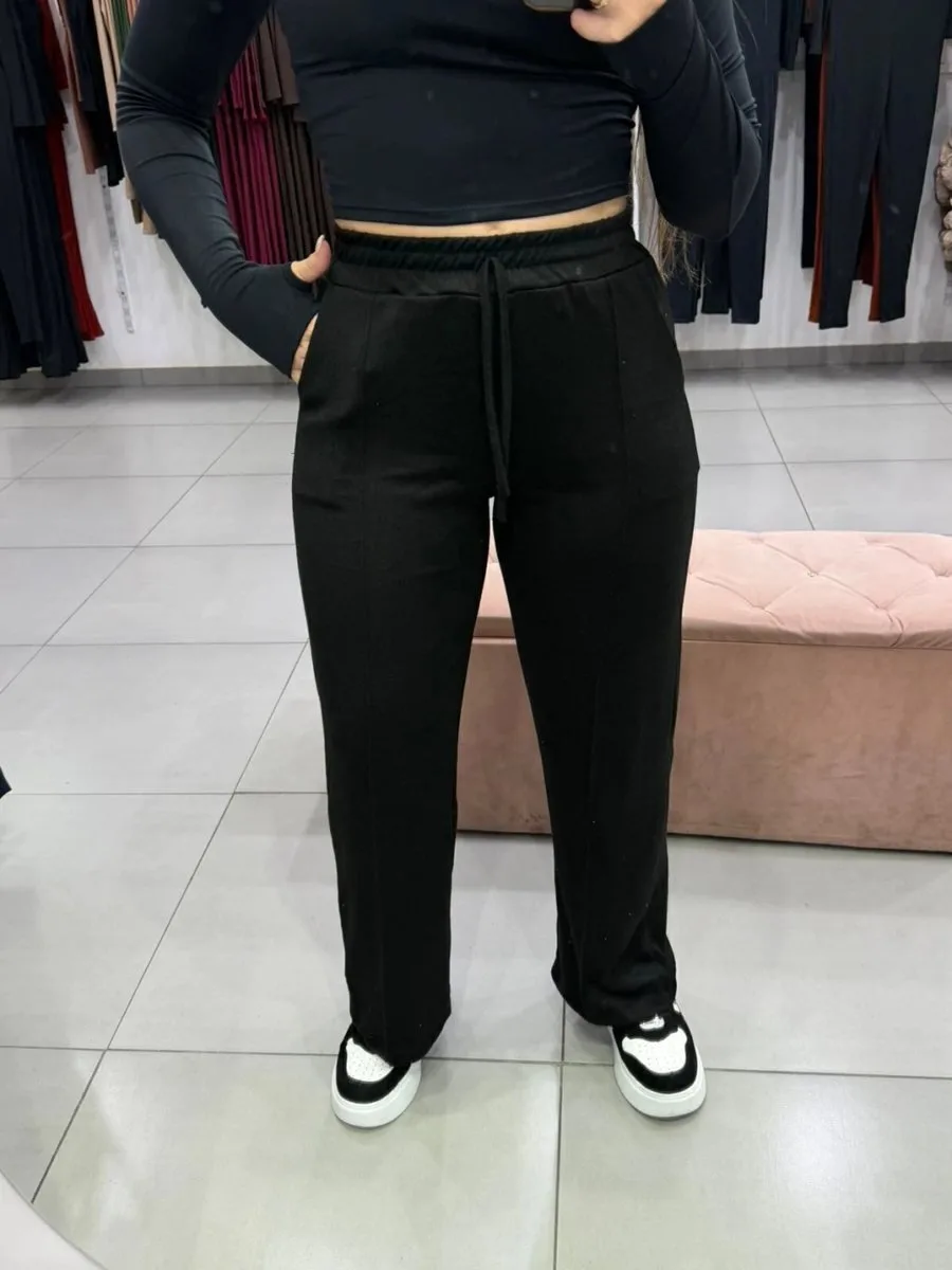 Calça Moletinho Fino Pantalona Preto - foto 1