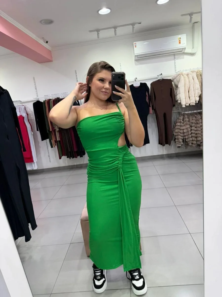 Vestido Canelado Fino Com Uma Alça E Detalhe na Frente Verde - foto 1