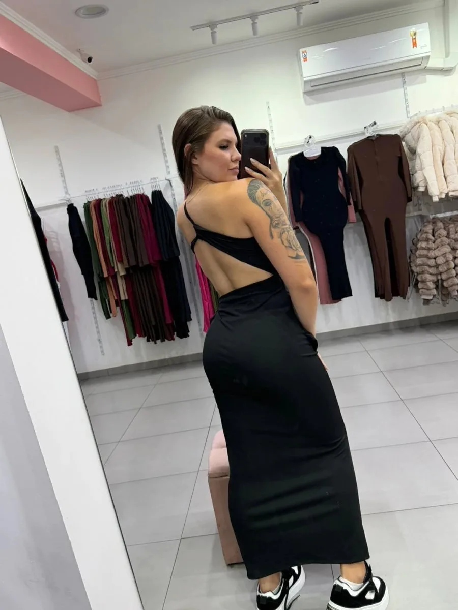 Vestido Canelado Fino Com Uma Alça E Detalhe na Frente Preto 049 - foto 3