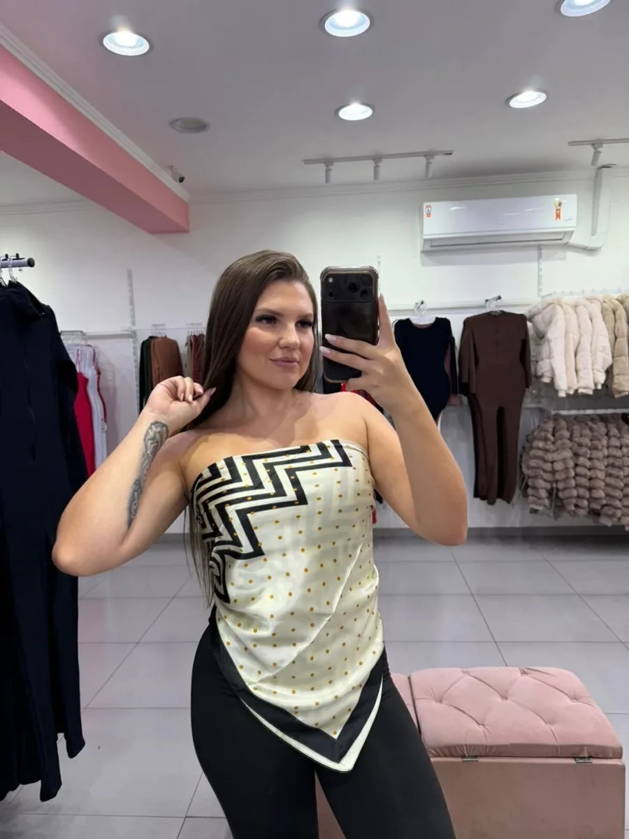 Cropped Lenço Bege Com Preto - foto 1