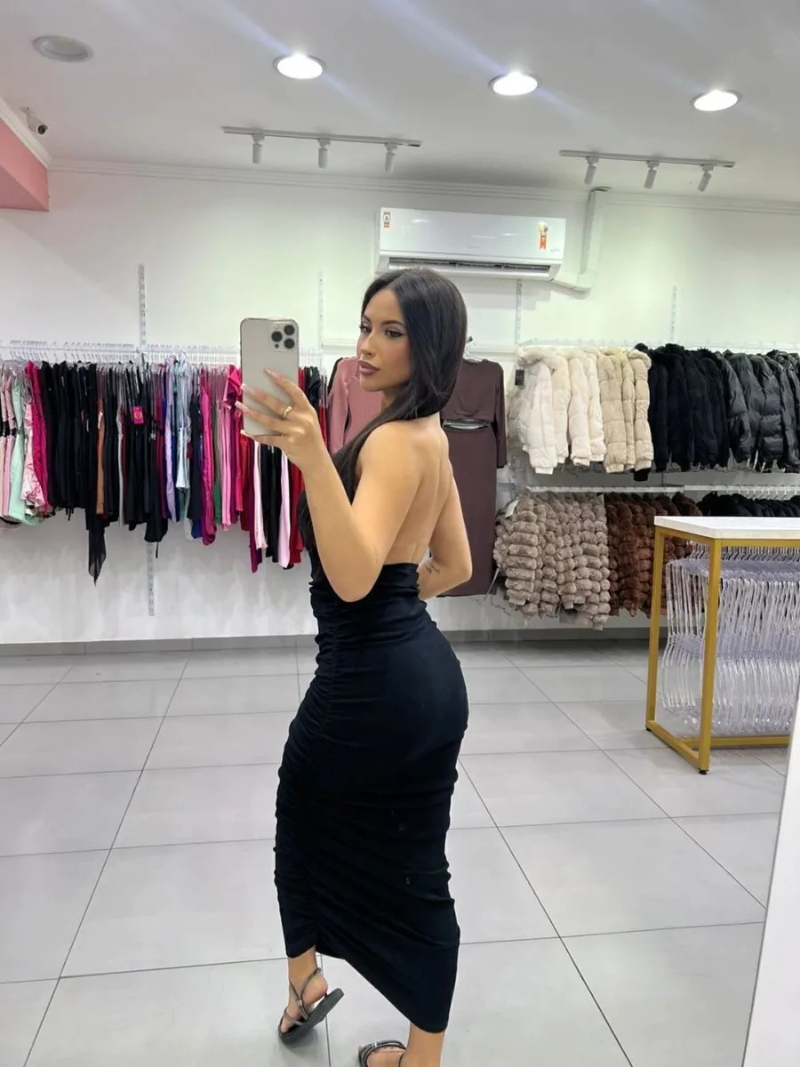 Vestido Canelado Algodão Drapiado Dos Lados E Detalhe Estrela Dourada Preto - foto 2