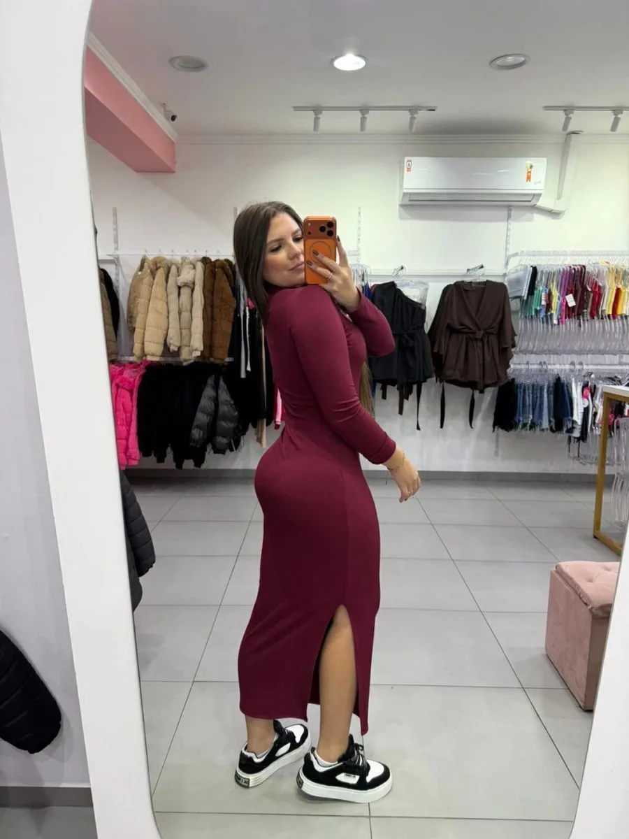 Vestido Canelado Térmico Longo Com Manga Longa E Gola Alta Bordo - foto 2