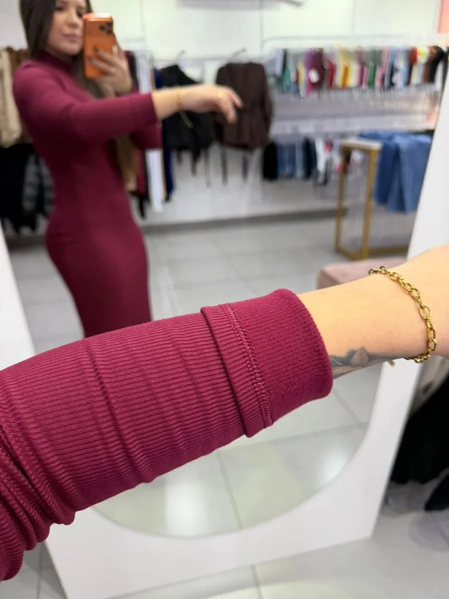 Vestido Canelado Térmico Longo Com Manga Longa E Gola Alta Bordo - foto 3