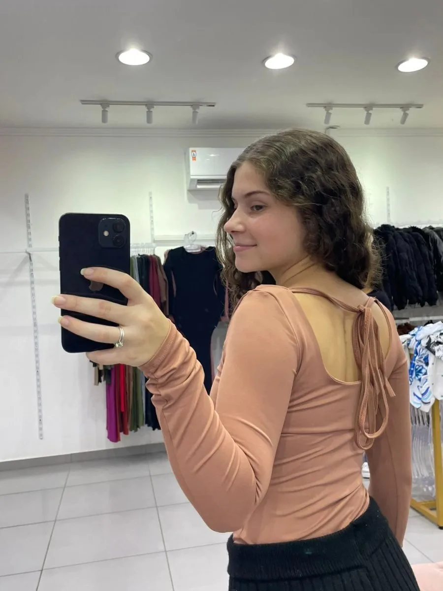 Body Poliamida Com Manga Longa Detalhe Amarrar E Gola U marrom claro - foto 2