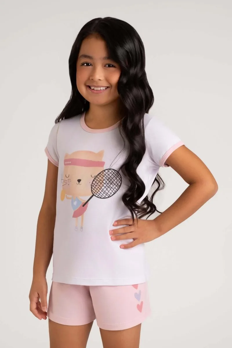 Pijama curto infantil branco e rosa gatinha- Dedeka e - foto 1