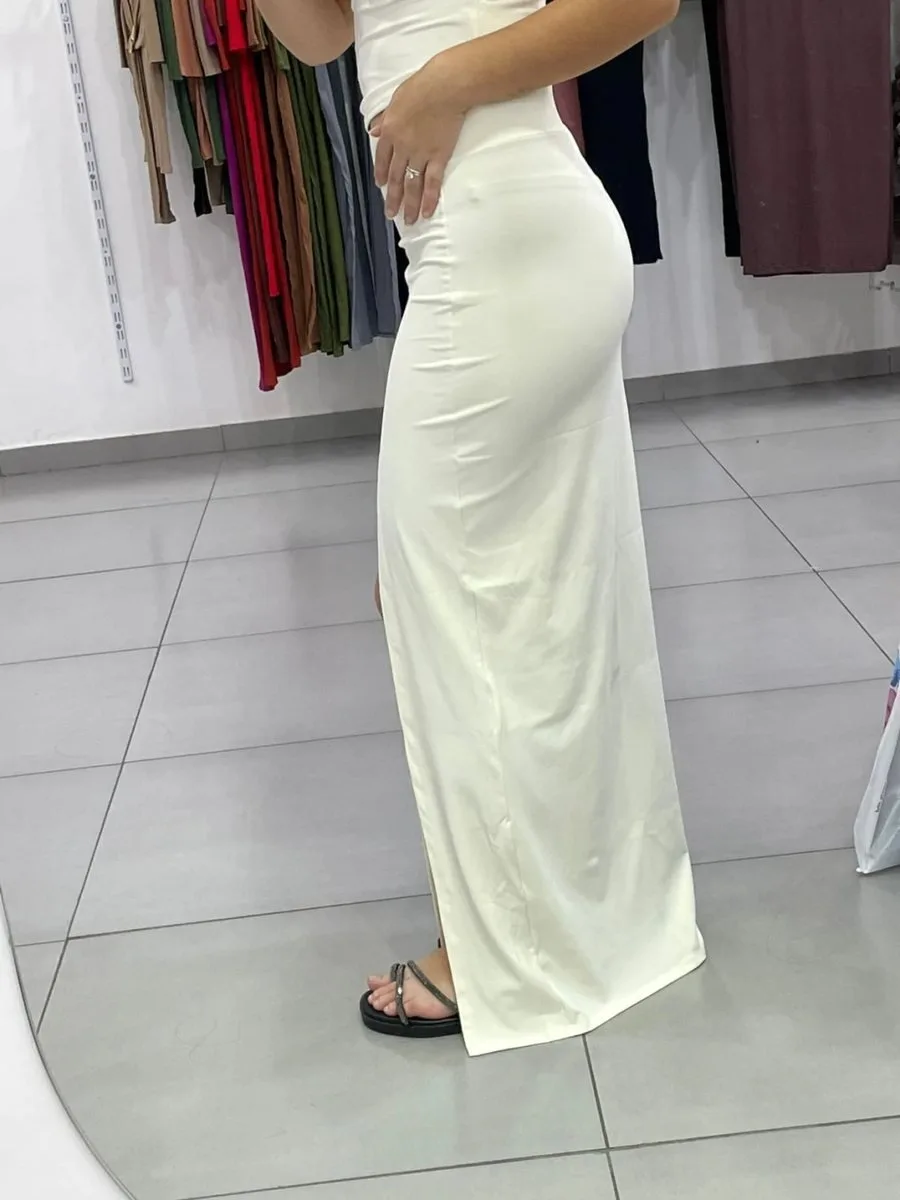 Saia Poliamida Longa Fenda Lateral Off White - foto 2