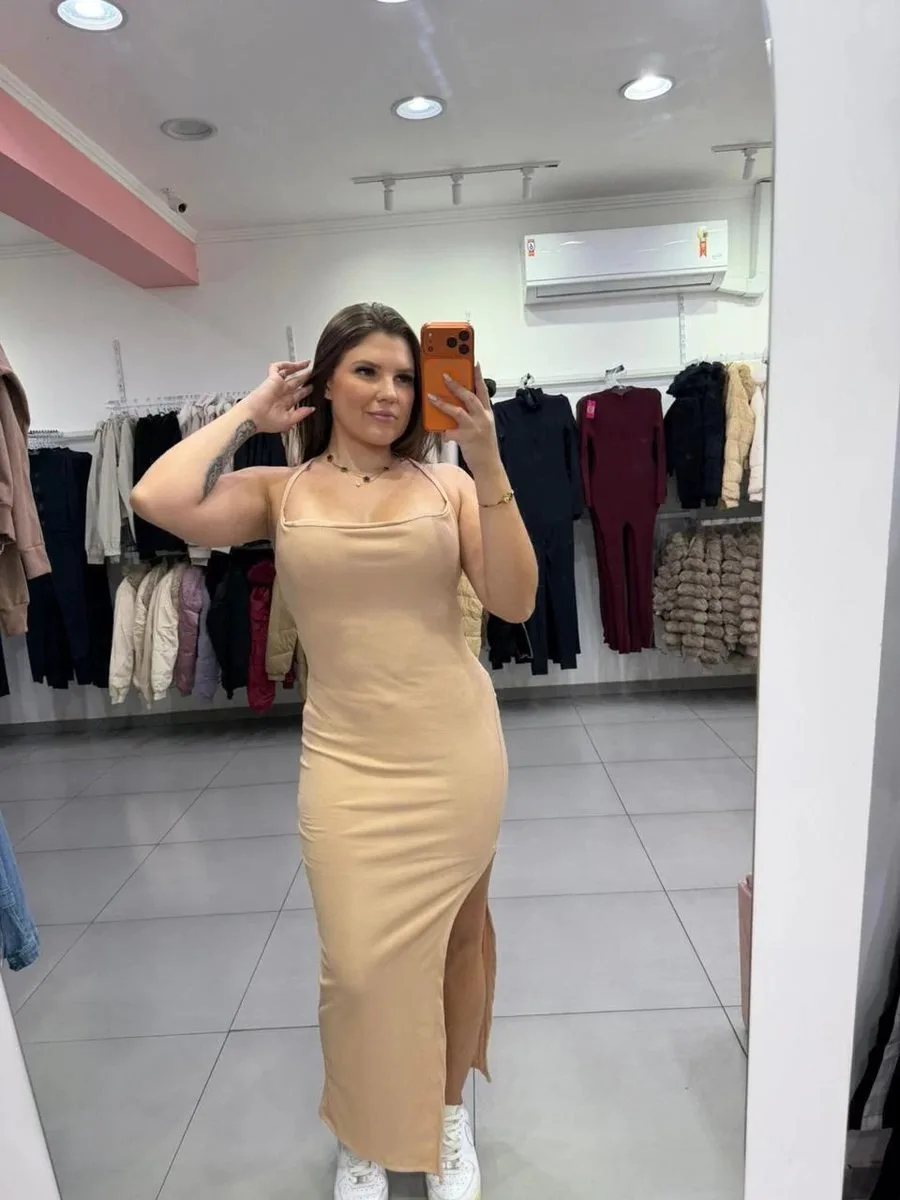 Vestido longo canelado amarração nas costas nude - foto 1