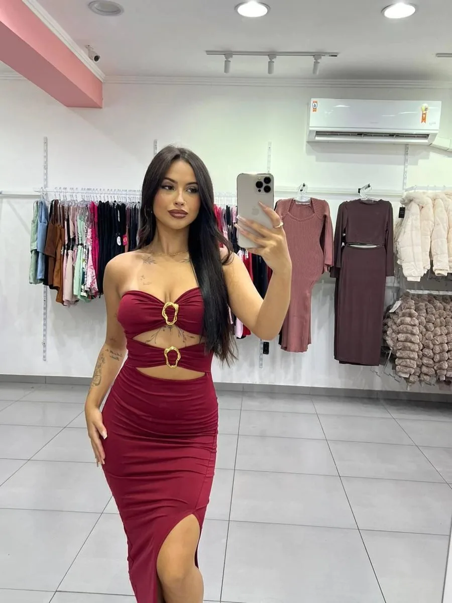Vestido longo suplex detalhe em dourado - foto 1