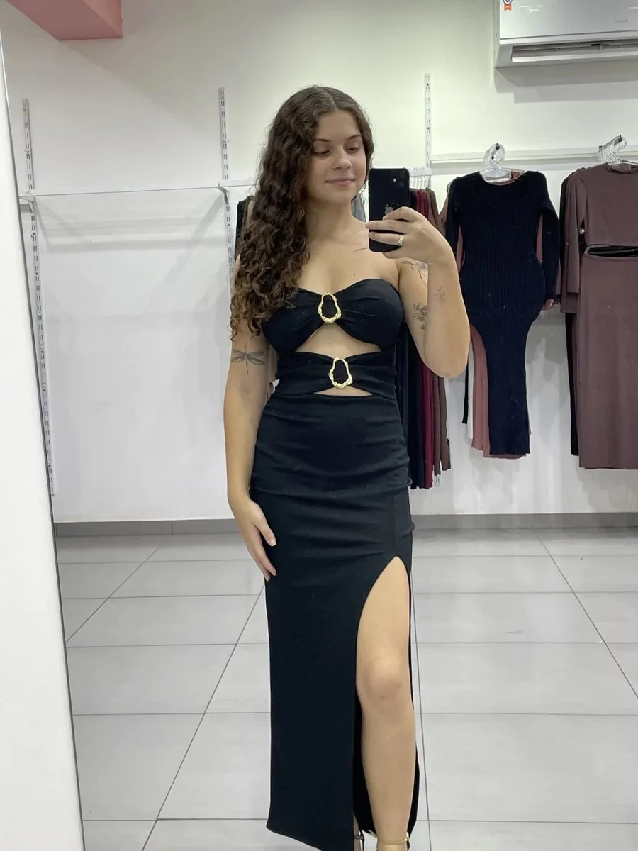 Vestido longo canelado tomara q caia preto - foto 1