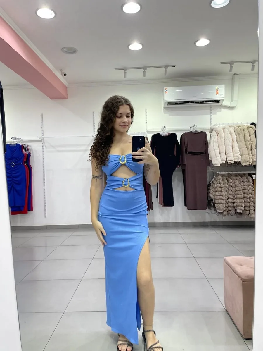 Vestido longo canelado tomara q caia azul claro - foto 1