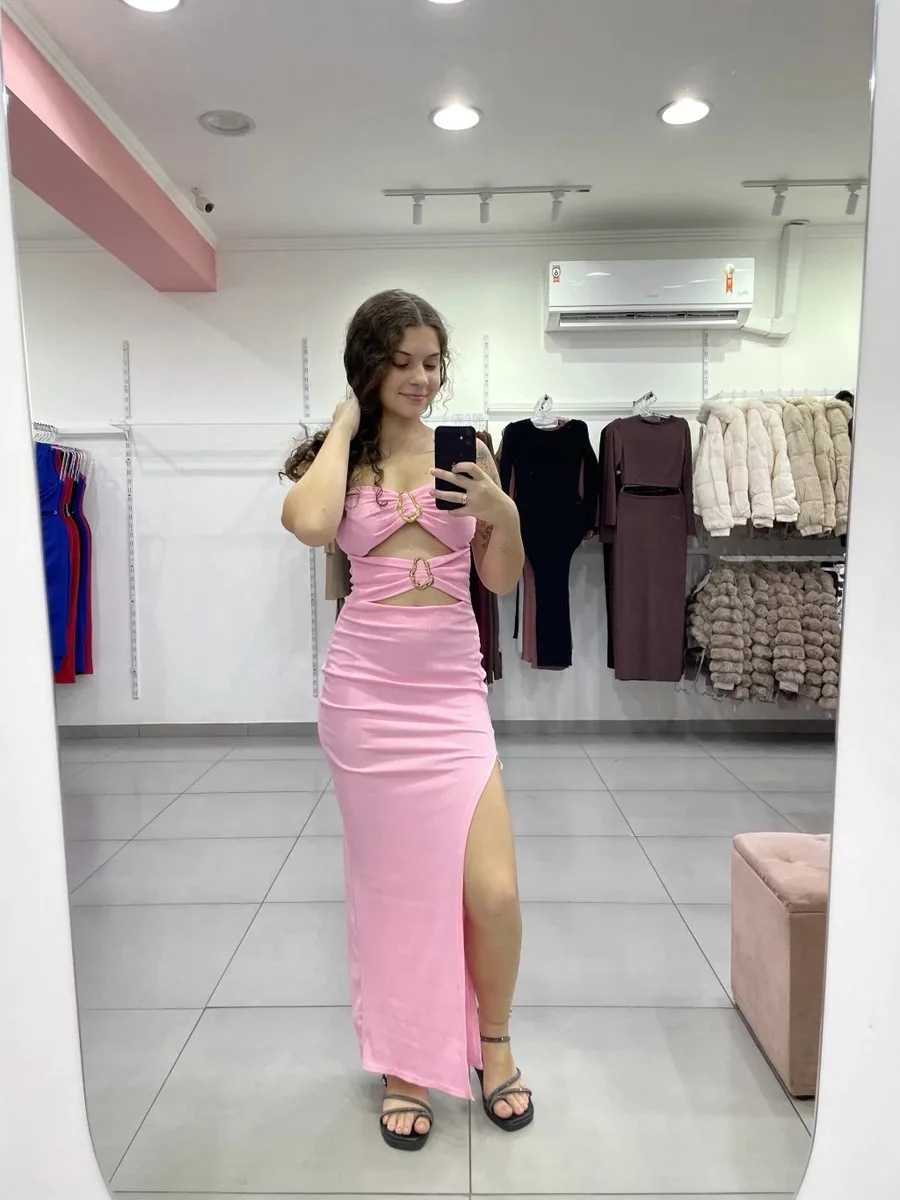 Vestido longo canelado tomara q caia rosa claro - foto 1