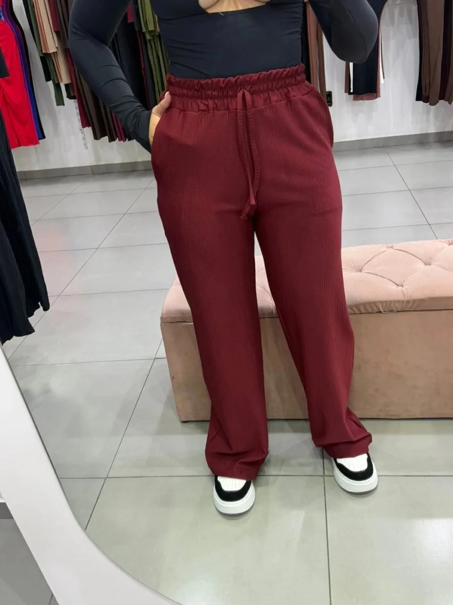 Calça Canelada Pantalona Bordo - foto 1