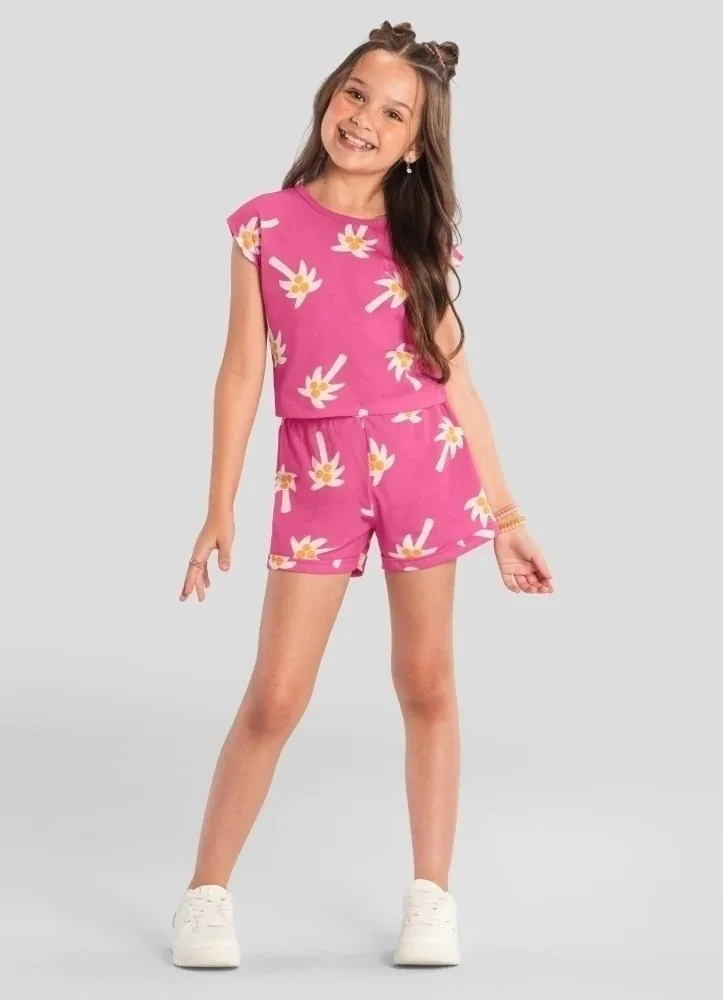 Conjunto infantil menina de coqueiros e borboletas Brandili - Rosa - foto 1