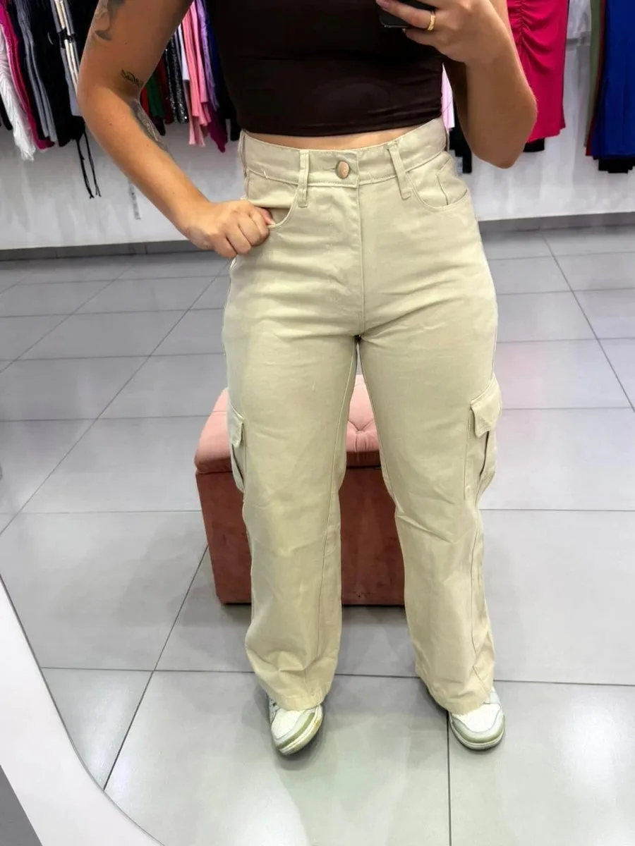 Calça Jeans Wide Leg Cargo Nude - foto 1