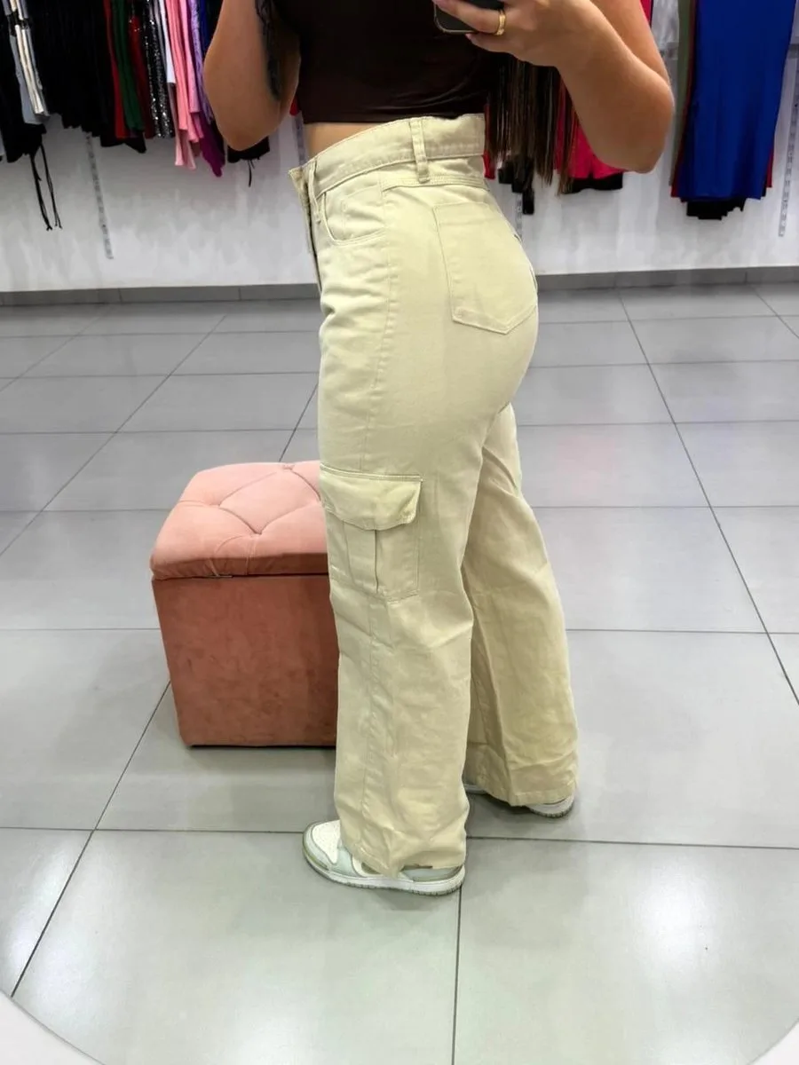 Calça Jeans Wide Leg Cargo Nude - foto 2