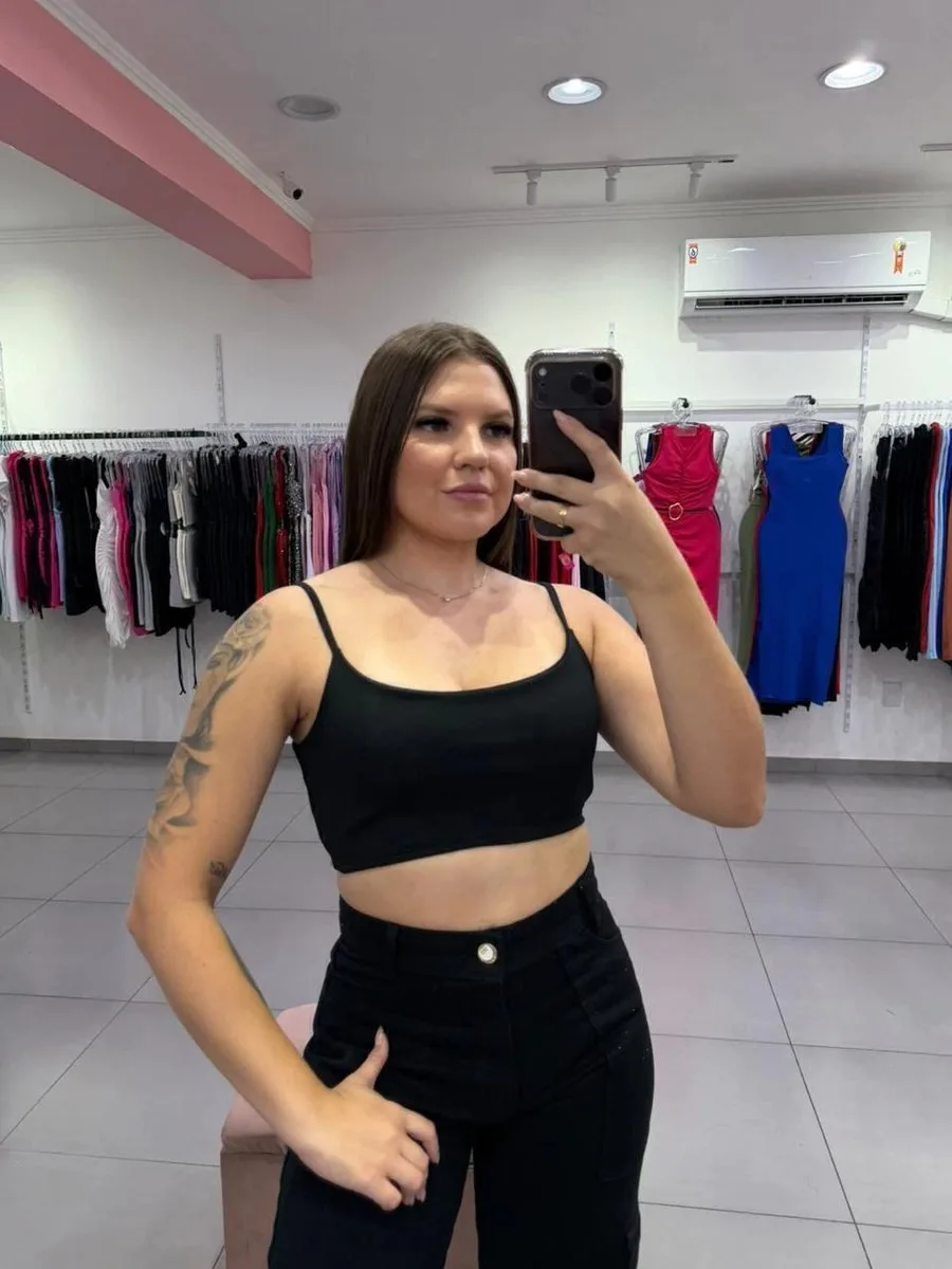 Cropped Canelado Fino Duplo Alça Fina Preto - foto 1