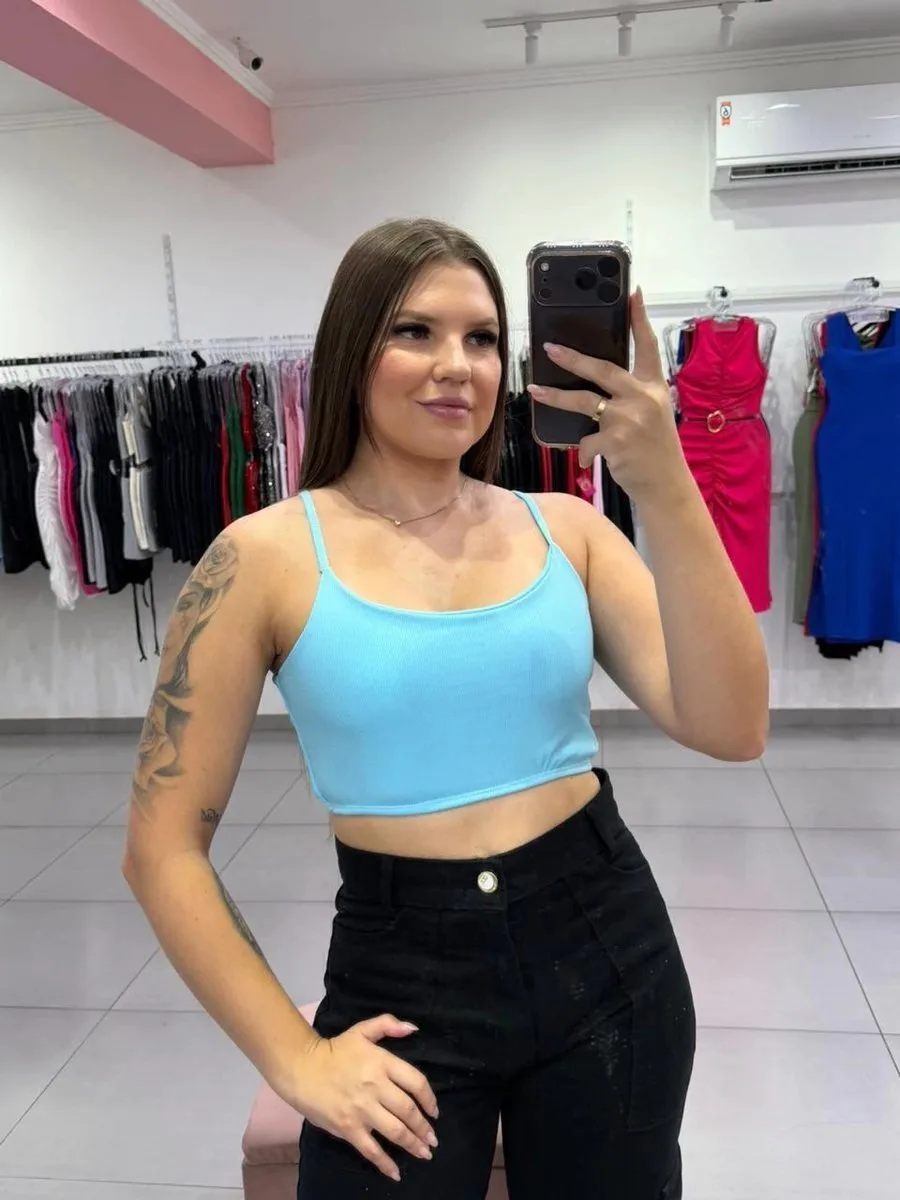 Cropped Canelado Fino Duplo Alça Fina Azul Claro - foto 1