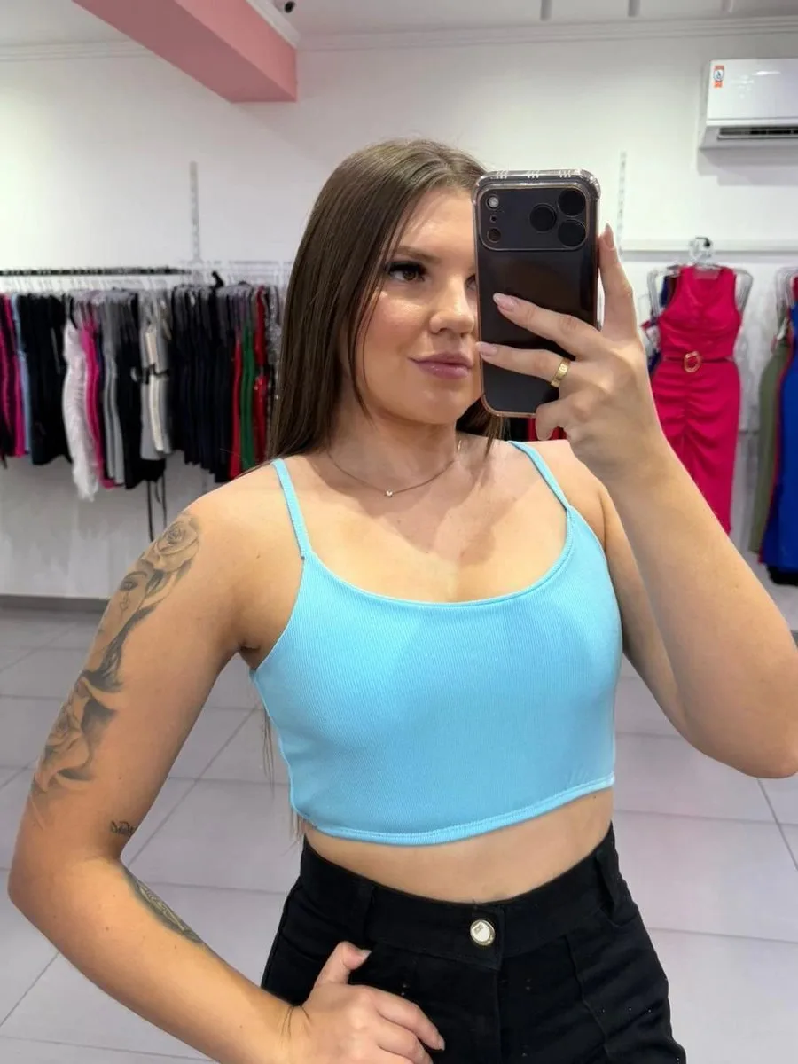 Cropped Canelado Fino Duplo Alça Fina Azul Claro - foto 2