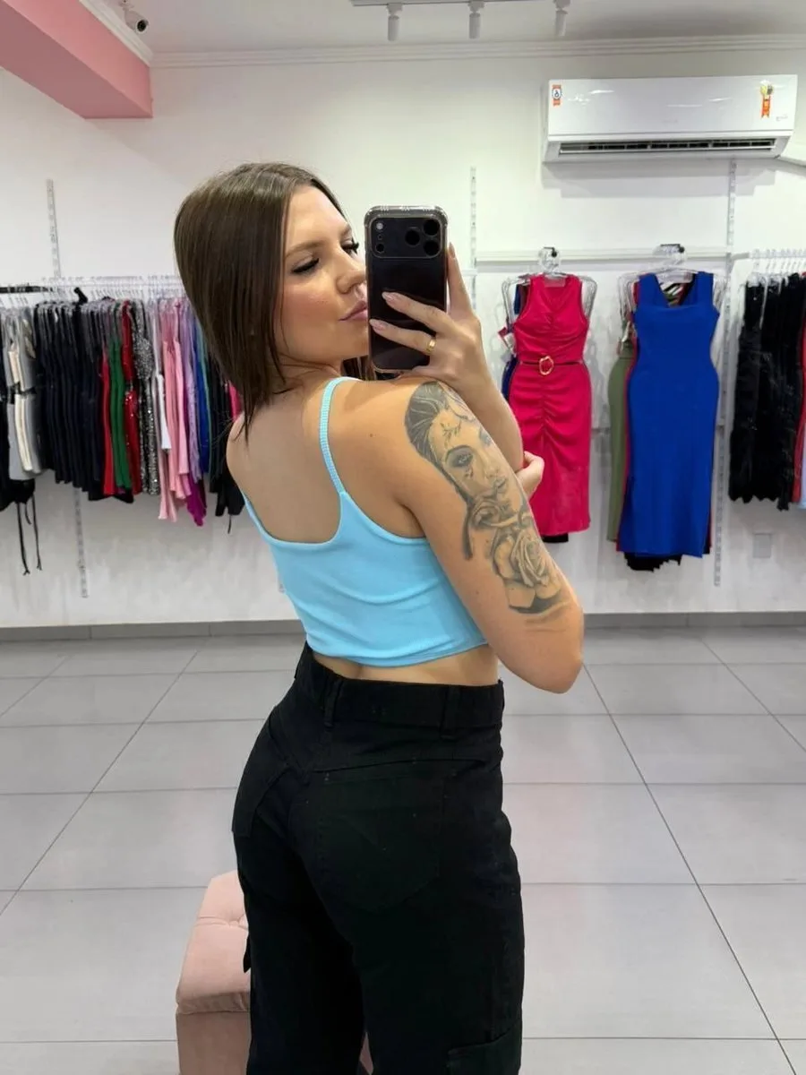 Cropped Canelado Fino Duplo Alça Fina Azul Claro - foto 3