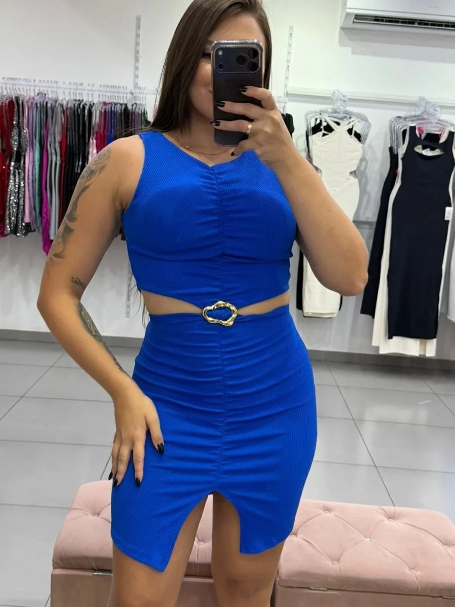 Vestido Curto com Abertura na Cintura Azul Escuro - foto 2