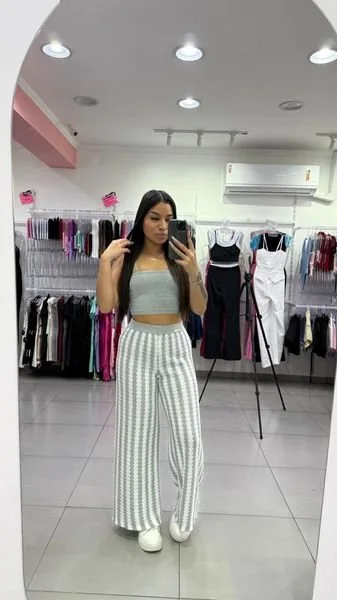 Conjunto LUXXO Cinza Top Com Alçinha Calça Com Listras